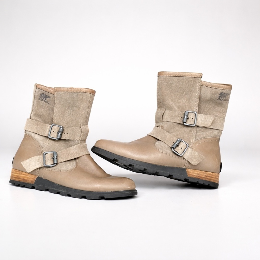 Sorel Genuine Leather Moto Ankle Boots Buckle Taupe 8